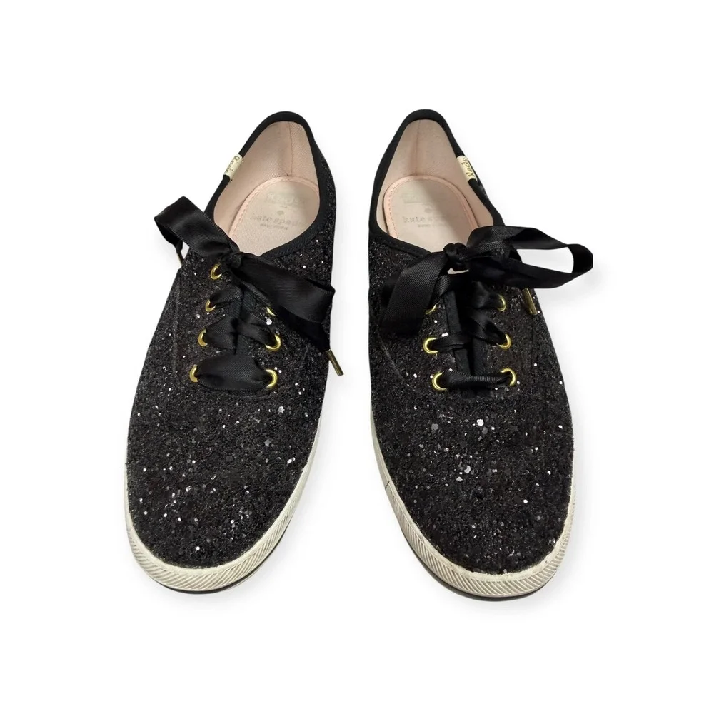 Keds x Kate Spade Black Glitter Champion Sneakers Satin‎ Laces Gold Trim 6.5